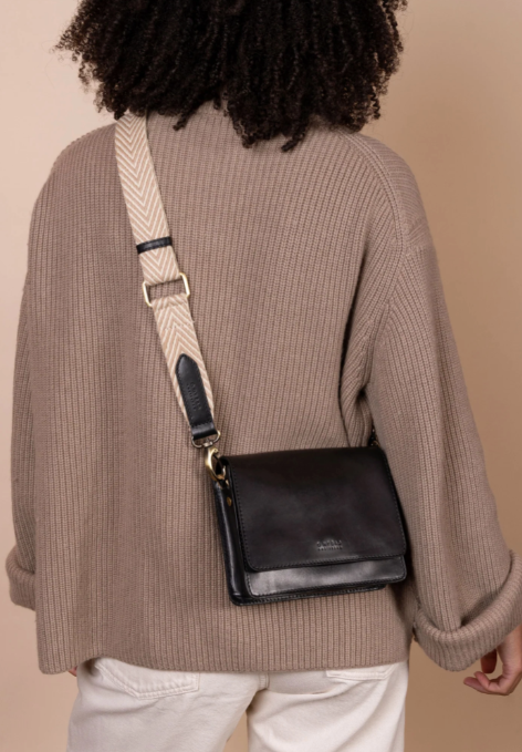 Herringbone Webbing Strap Sand & Black Classic Leather