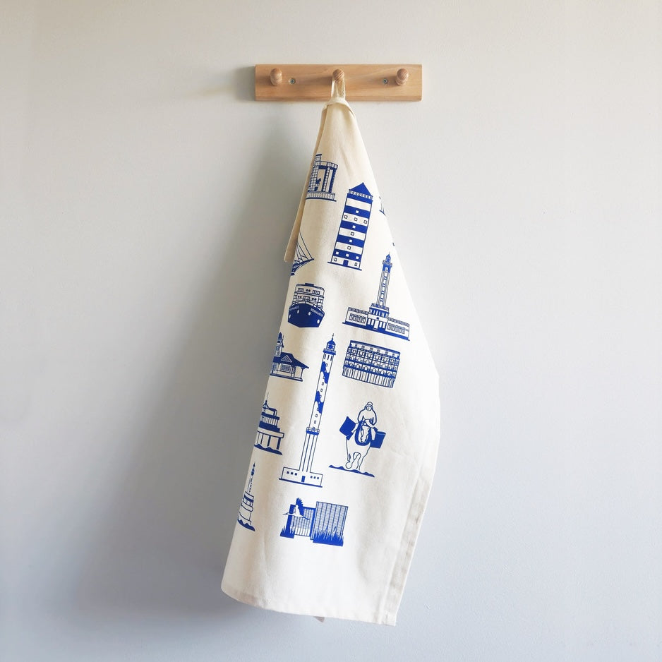 Theedoek Iconen Belgische Kust Blauw