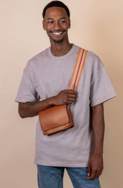 Webbing Strap Orange & Red Stripe - Cognac Classic Leather